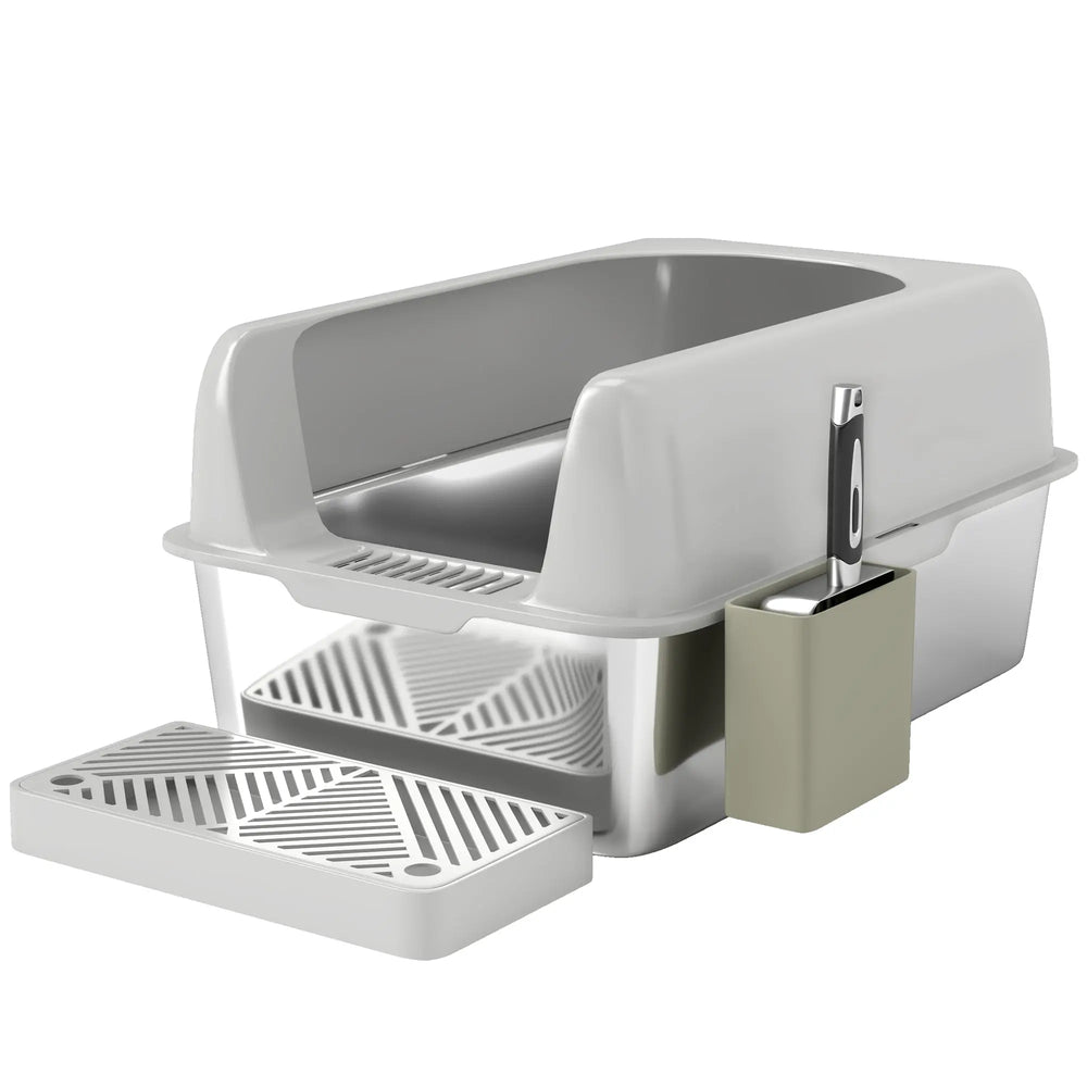 Bac à litière pour chat en acier inoxydable facile à nettoyer avec bords hauts anti-fuite d'urine, pelle inclus, gris-0
