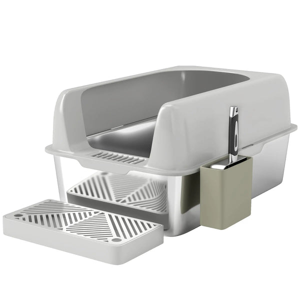 Bac à litière pour chat en acier inoxydable facile à nettoyer avec bords hauts anti-fuite d'urine, pelle inclus, gris-0