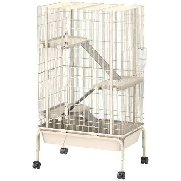 Cage pour lapin enclos à 4 niveaux avec 2 portes 3 rampes plateau profond roulettes 69 x 44 x 120 cm beige-0