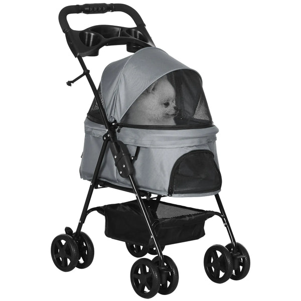 Poussette pour chien et chat pliable, 4 roues avec freins, tissu Oxford 300D imperméable, panier de rangement, gris-0