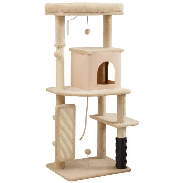 Arbre à chat, tour de jeux, hauteur de 132 cm, avec lit, maison, brosse de toilettage,  55 x 44 x 132 cm, beige-0