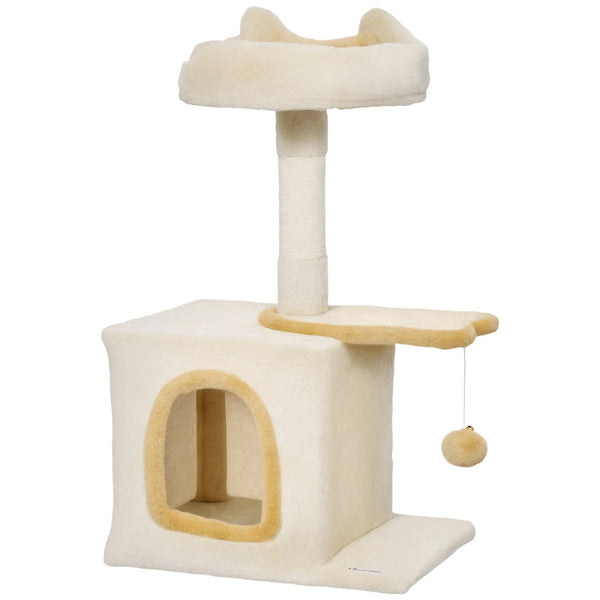 Arbre à Chat 72 cm, Perchoir Doux, Plateforme en Forme de Poisson, Niche en Peluche, Poteaux en Sisal, Balle, Beige-0