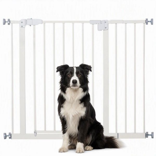 Barrière de sécurité largueur réglable 74-80 / 91,5-97,5 cm double verrouillage fermeture automatique barrière chien pour porte couloir escalier sans perçage acier blanc-0