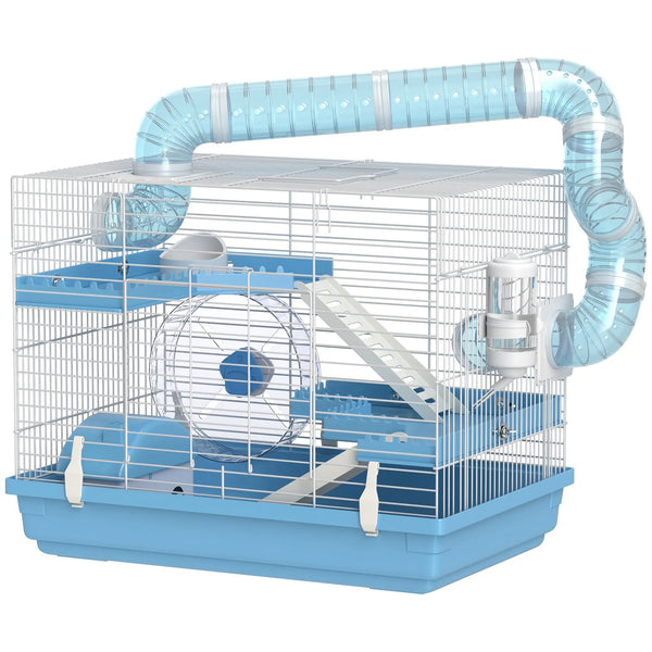Cage pour hamster portable avec cabane, roue de course, gamelle, bouteille d'eau, 47,5 x 31,5 x 29,5 cm, bleu clair-0