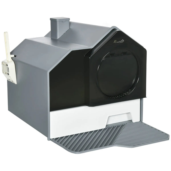 Maison de toilette bac à litière pour chat design maisonnette avec pelle, filtre et tapis dim. 47L x 45l x 42H cm-0