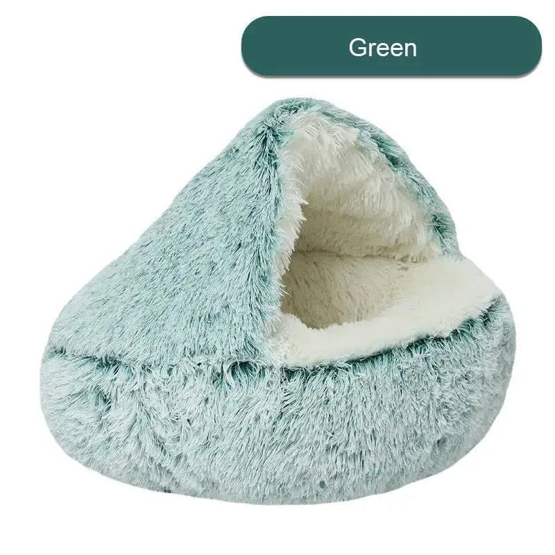 NNEDSZ Cozy Green Plush Hooded Pet Bed - Ultra Soft Long Fur Cave Bed for Small Pets 40cm-0