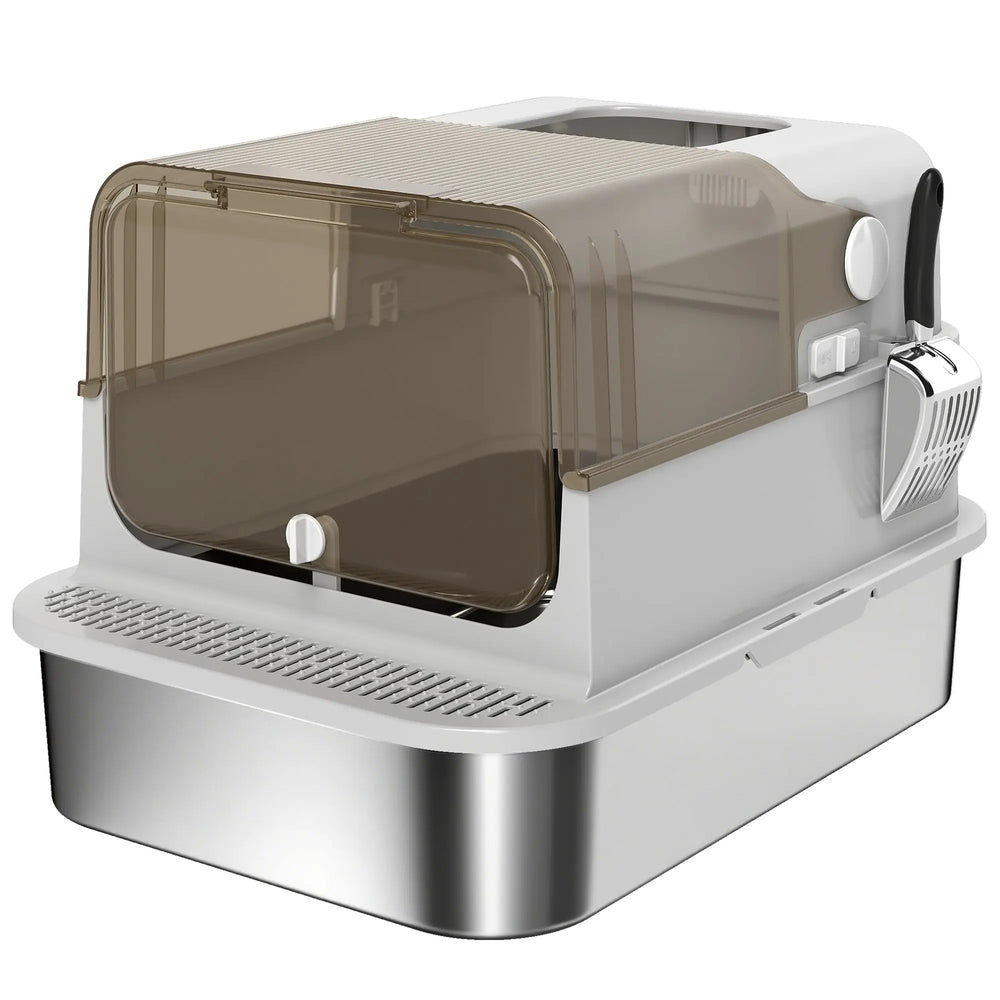 Maison de Toilette pour Chat XXL en Inox, Couvercle 90°, Double Porte, Filtre Frontal, Pelle, 70x50x46,5cm, Gris-0