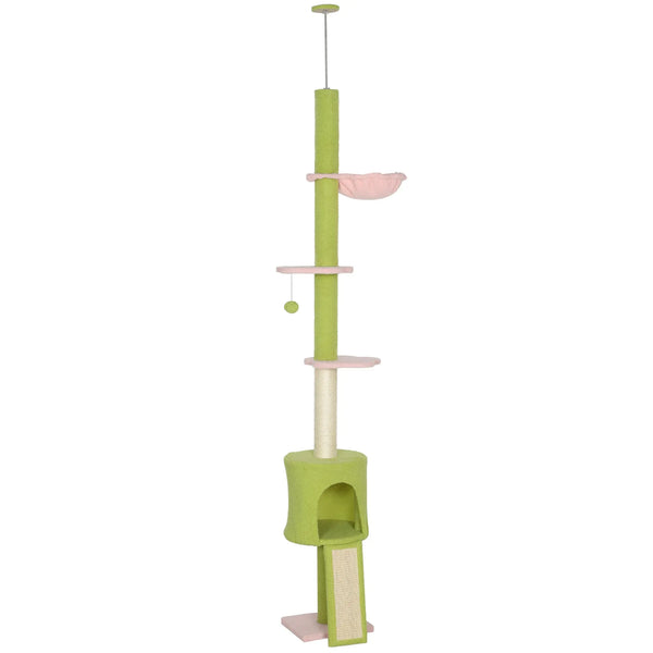 Arbre à chat du sol au plafond 5 niveaux hauteur réglable 220-240 cm plateformes fleur avec griffoir niche hamac vert-0