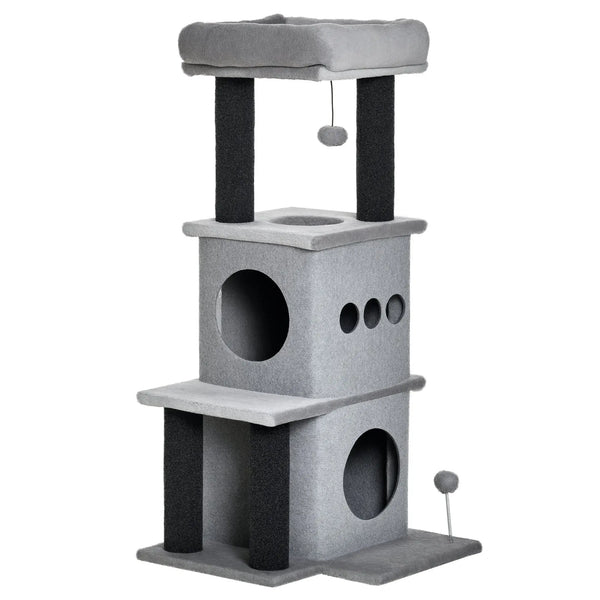 Arbre à chats design cosy chic multi-équipements centre d'activités niches plateformes lit jeu boule feutres amovibles lavables panneaux de particules peluche courte 48 x 48 x 100 cm gris-0