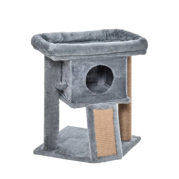 Arbre à chat hauteur de 57 cm avec griffoir en jute, niche, plateforme et balle de jeu, en tissu peluche gris clair-0