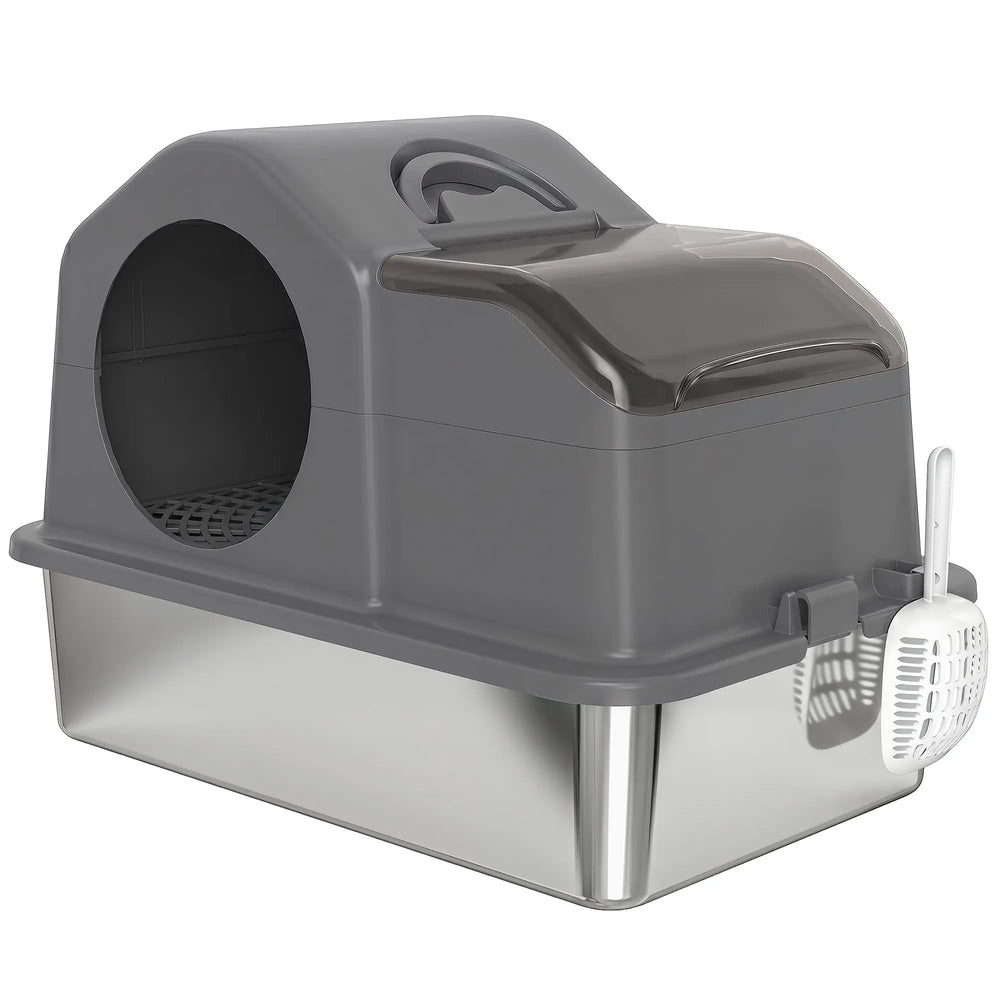 Maison de Toilette pour Chat avec Couvercle Amovible et Fermé, Côtés Hauts, 60,5x40,5x45cm, Gris Foncé-0