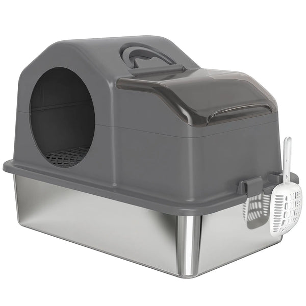 Maison de Toilette pour Chat avec Couvercle Amovible et Fermé, Côtés Hauts, 60,5x40,5x45cm, Gris Foncé-0