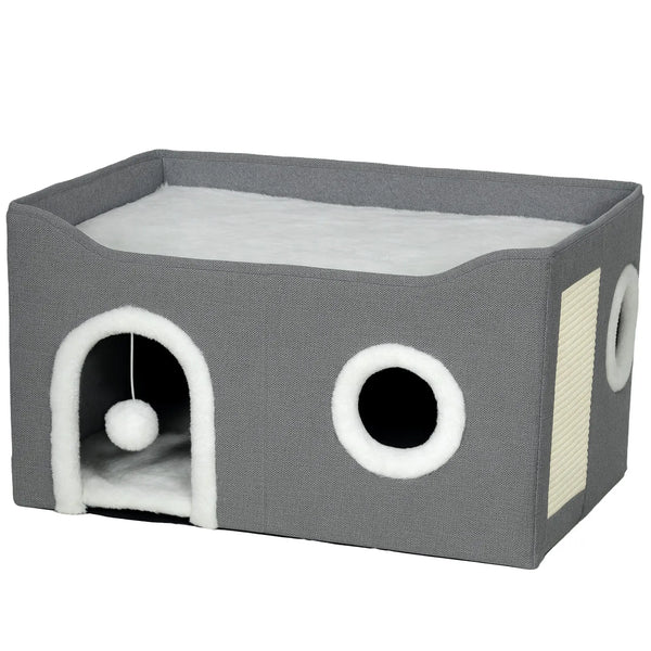 Niche Chat Interieur Pliable avec Griffoir, Lit Surélevé, Entrées, Jouet Suspendu, Coussin Réversible, 60x40x34cm, Gris-0
