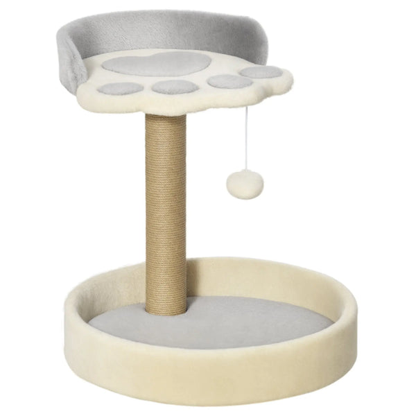 Arbre à chat griffoir grattoir en forme de patte 2 plateformes et un pompon suspendu hauteur 44 cm gris-0
