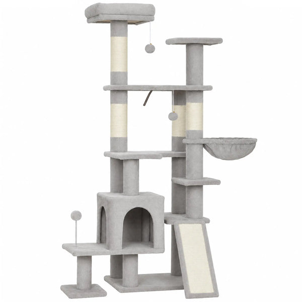 Arbre à Chat 5 niveaux 152cm, Niche, Hamac, Plateforme, Poteaux à Griffer, Balles Suspendues, Gris Clair-0