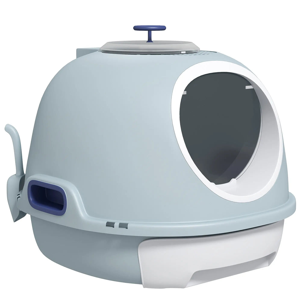 Bac à litière pour chat maison de toilette portable pour chat tiroir à litière coulissant porte battante lucarne + pelle fournis dim. 47L x 55l x 44H cm bleu-0