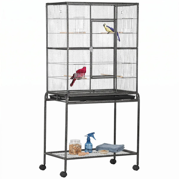 Cage à Oiseaux Portable avec 4 Mangeoires et 4 Perchoirs Pratique 81 x 48 x 162,5 cm Noir et Gris-0