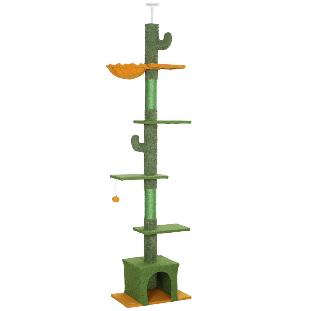 Arbre à chat, hauteur 275cm, 6 niveaux pour chat d'intérieur, du sol au plafond, avec plate-formes, niche, hamac, vert-0