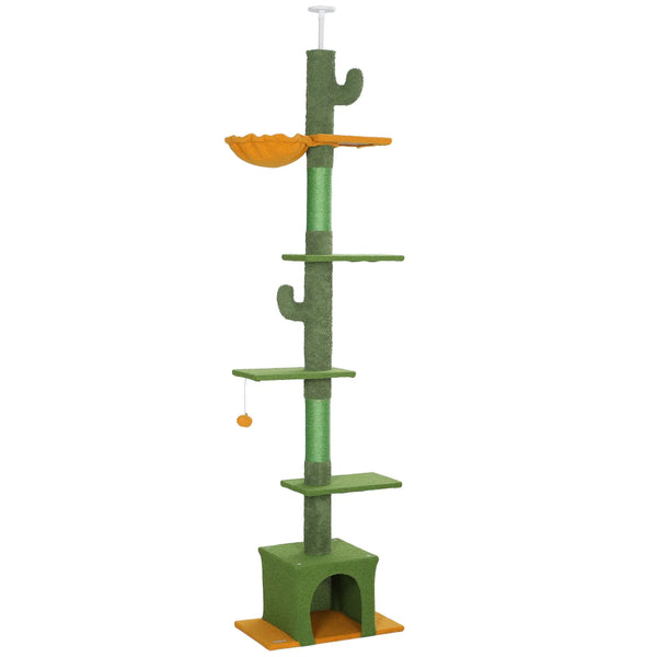 Arbre à chat, hauteur 275cm, 6 niveaux pour chat d'intérieur, du sol au plafond, avec plate-formes, niche, hamac, vert-0