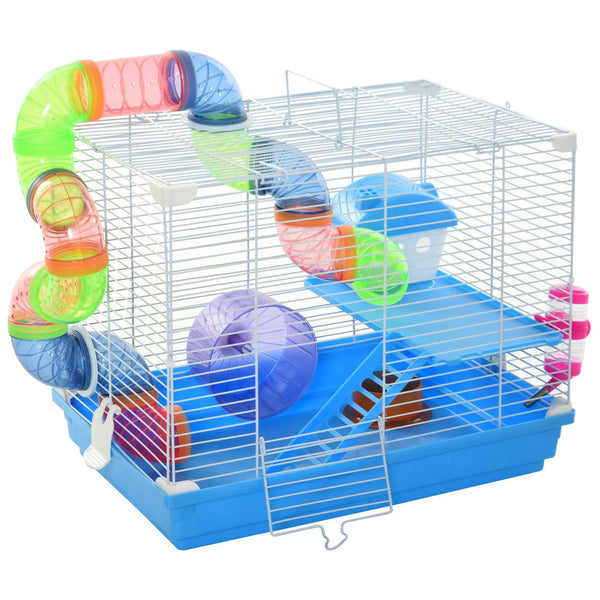 Cage à hamster rongeur 2 niveaux avec tunnel, biberon eau, roue, maisonnette, échelles dim. 46L x 30l x 37H cm, bleu-0