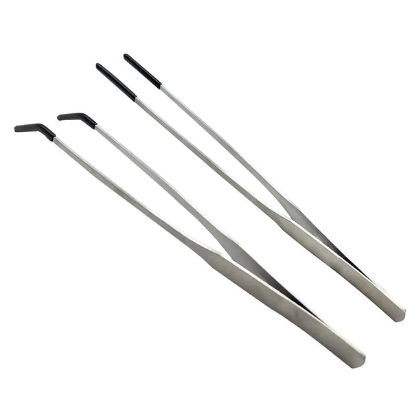 HRASY Stainless Steel Straight and Curved Tweezers Aquarium Tweezers with Rubber Tips Long Handle Reptile Feeding Tongs for Fish Tank Aquatic Plants 2pcs 10.6 Inch Silver Zooko