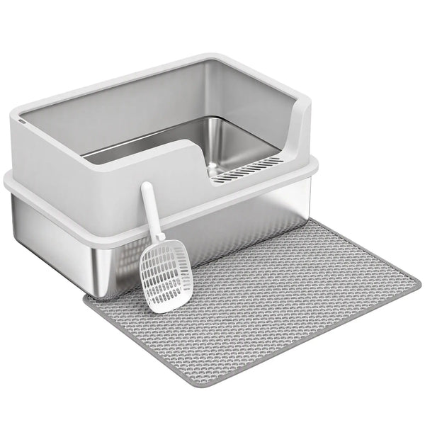 Bac Litière pour Chat en INOX Couvercle Bords Hauts Pelle et Tapis Anti-Adhérent Anti-Odeurs 60x40x30cm Gris Clair-0