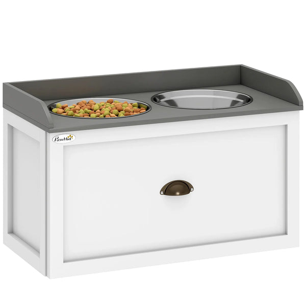 Gamelle double chien chat - porte-gamelles surélevé rangement 2 en 1 - tiroir, 2 gamelles - acier inox. MDF blanc gris-0