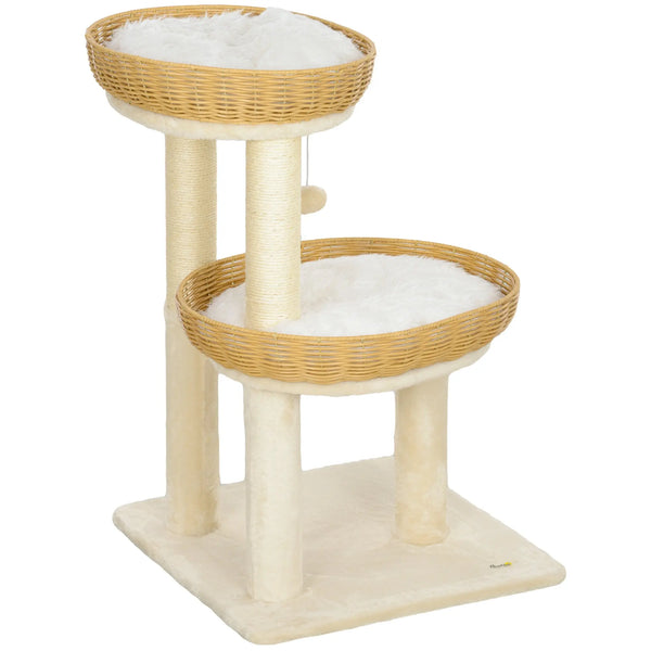 Arbre à chat arbre à grimper hauteur de 75,5 cm avec deux lits pour chat en rotin griffoirs coussins lavables beige-0