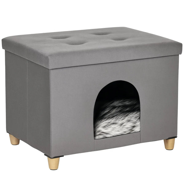 Niche chat maison de chat design surélevé avec coussin amoviable et lavable en peluche doux repose-pieds, dessus ouvrable, gris-0