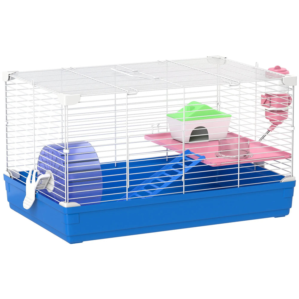 Cage Hamster, Cage Rongeur à 2 Niveaux, Base Amovible pour Nettoyage Facile, Cabane, Roue d'Exercice, 47x30x27cm, Bleu-0