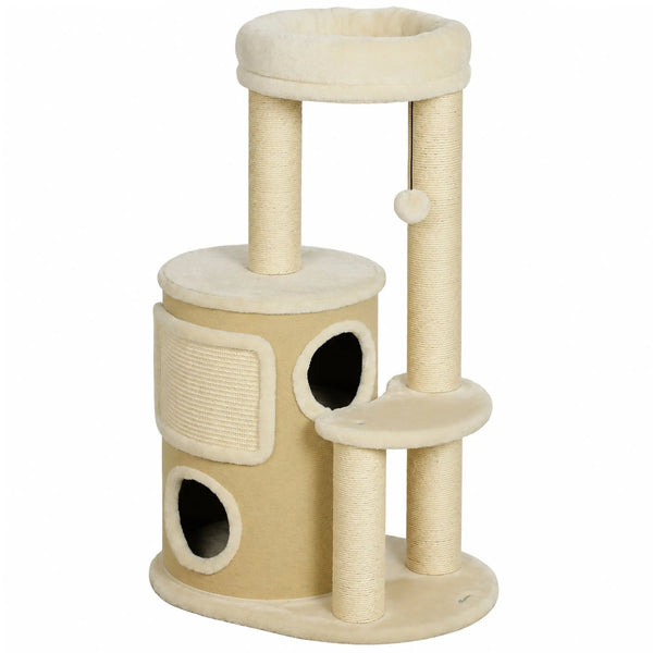 Arbre à Chat Multi-Niveaux avec Double Niche, Lit, Plateforme, Tapis & Poteaux à Griffer en Sisal, 55x39x90cm, Beige-0