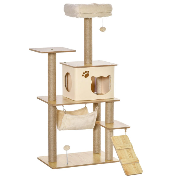 Arbre à chat tour de jeux pour chat, platesformes, niche, lit, hamac, échelle et griffoirs en jute 60x40x130cm jaune-0