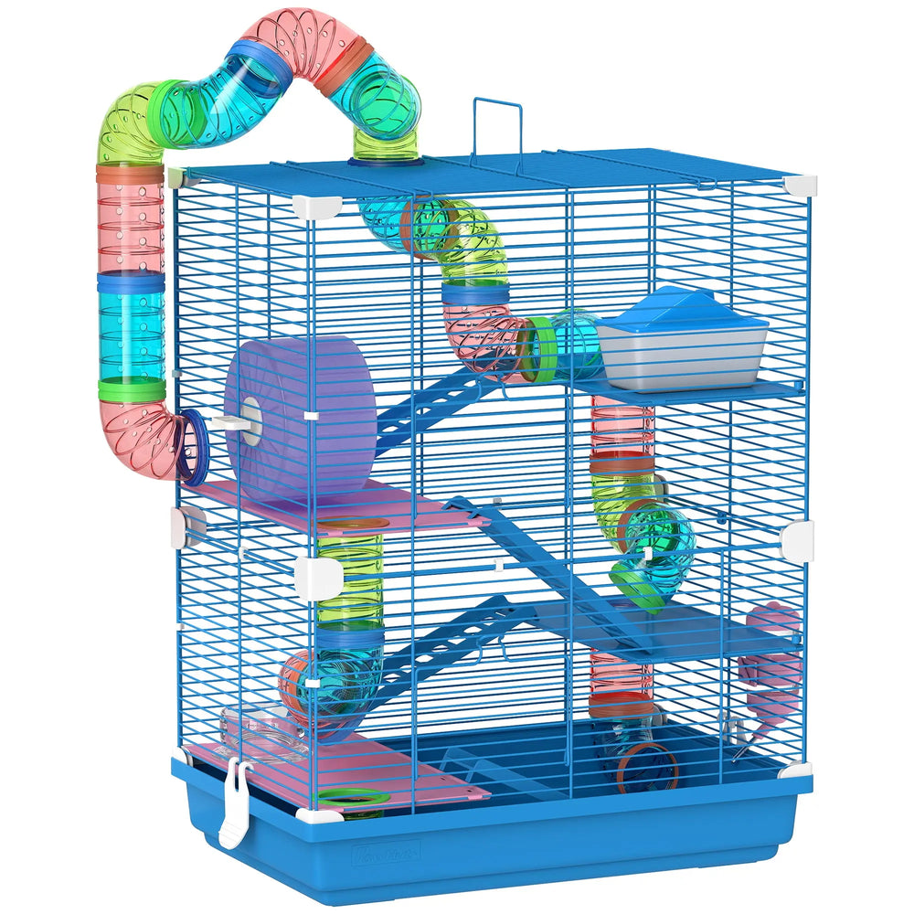 Cage pour hamster rongeur 4 étages avec tunnels mangeoire roue maison échelles 46 x 30 x 58 cm bleu-0