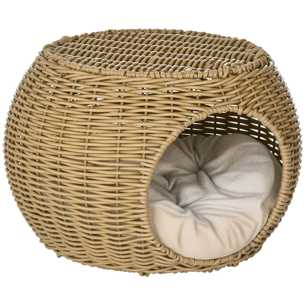 Niche panier maison pour chat 2 niveaux en résine tressée aspect rotin avec 1 coussin doux Ø 40 x 30 cm marron clair-0