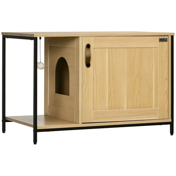 Maison de toilette pour chat style industriel porte entrée latérale boule suspendue châssis acier aspect bois clair-0