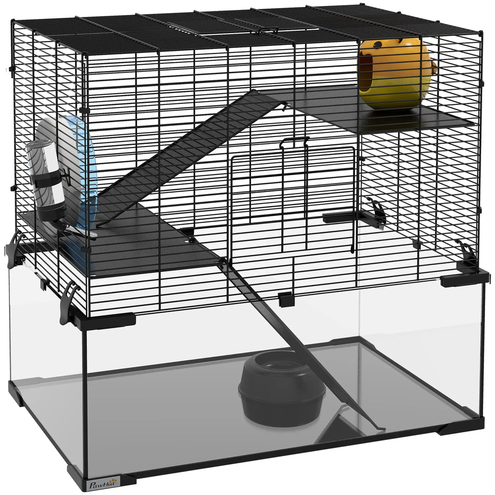 Cage hamster cage rongeur 3 niveaux avec roue rampes maisonnette abreuvoir mangeoire 60L x 40l x 54,5H cm noir-0