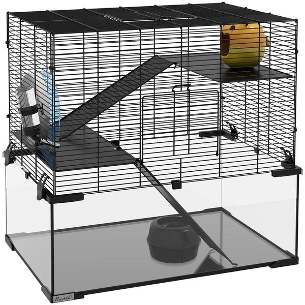 Cage hamster cage rongeur 3 niveaux avec roue rampes maisonnette abreuvoir mangeoire 60L x 40l x 54,5H cm noir-0