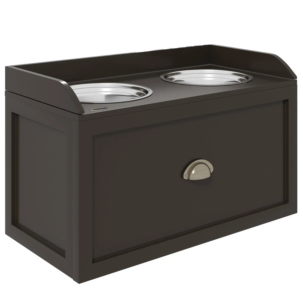 Gamelles Chiens Surélevées, Porte-Gamelles Surélevé Rangement 2 en 1, Tiroir, 2 Gamelles, 60x30x36cm, Marron Café-0