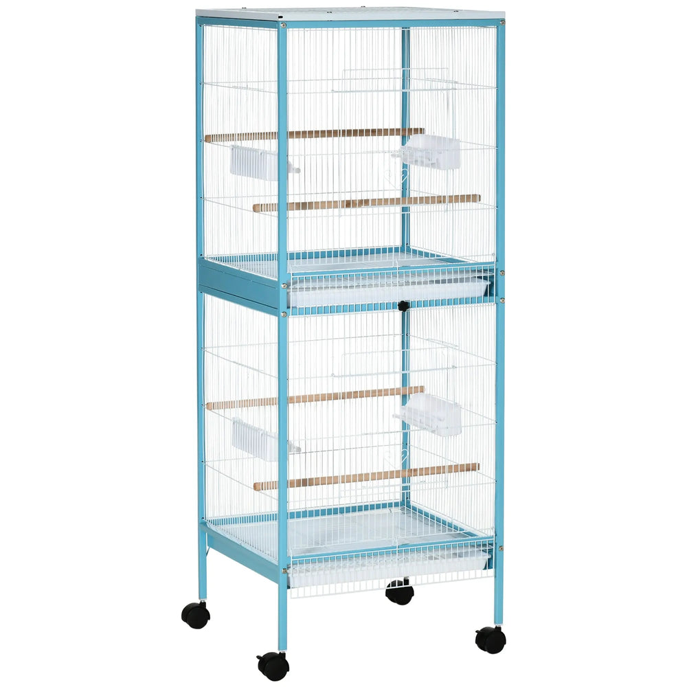 Grande Cage à Oiseaux sur Pied Double avec Mangeoires Perchoirs Plateau Amovible Roulettes 51,5 x 50 x 140 cm Bleu Clair-0