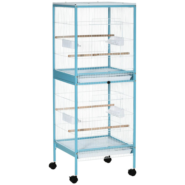 Grande Cage à Oiseaux sur Pied Double avec Mangeoires Perchoirs Plateau Amovible Roulettes 51,5 x 50 x 140 cm Bleu Clair-0