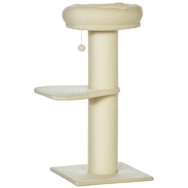 Arbre à chat griffoir sisal naturel 2 plateforme panier observation jeu boule suspendue peluche beige-0