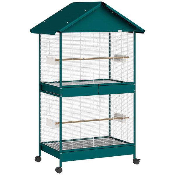 Cage à oiseaux sur roulettes avec séparateur amovible, 4 mangeoires et 2 perchoirs, 2 plateaux coulissants, 94x70x158cm-0