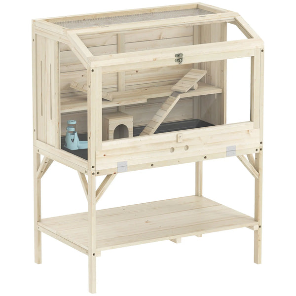 Cage hamster en bois, cage rongeur à 2 niveaux, étagère de rangement, couvercle ouvrant, 84 x 53 x 110 cm, bois naturel-0