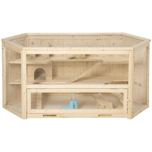 Cage à hamster à 3 niveaux bascules, fenêtres, cabanes, plateau coulissant, 115 x 60 x 55 cm, effet bois naturel-0