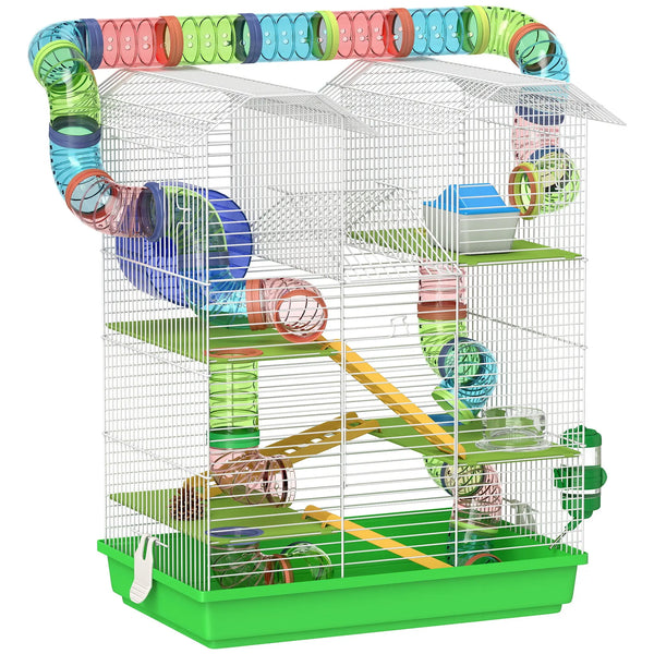 Cage pour hamster souris petit animaux rongeur avec tunnel mangeoire roue jouet 47 x 30 x 59 cm vert-0