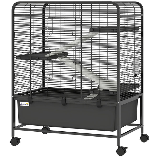 Cage pour Rongeurs sur Roulantes, 4 Niveaux, 3 Plateformes, 3 Rampes, Bouteille d'Eau, 75x46x94,5cm, Noir-0