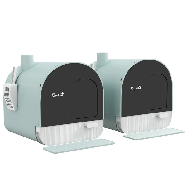 Lot de 2 bacs à litière pour chat avec porte battante, pelle et filtre inclus dim. 43L x 44l x 47H cm-0