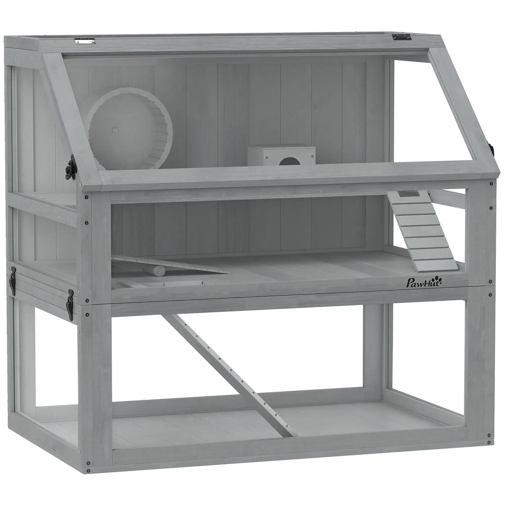Cage Hamster Rongeur à 3 Niveaux, Base Amovible Profonde, Cabane, Balançoire, 80x50x76cm Gris Clair-0