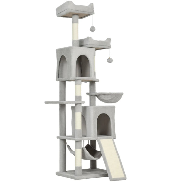 Arbre à chat tour de jeux pour chat 3 platesformes 2 niches 2 lits 2 hamacs 1 échelle hauteur 177 cm gris clair-0