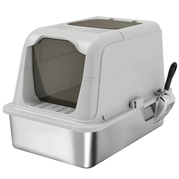 Maison de Toilette pour Chat Bac à Litière Fermé Bac Acier Inoxydable, Nettoyage Facile, 60,4x40,4x41,8cm, Gris Clair-0